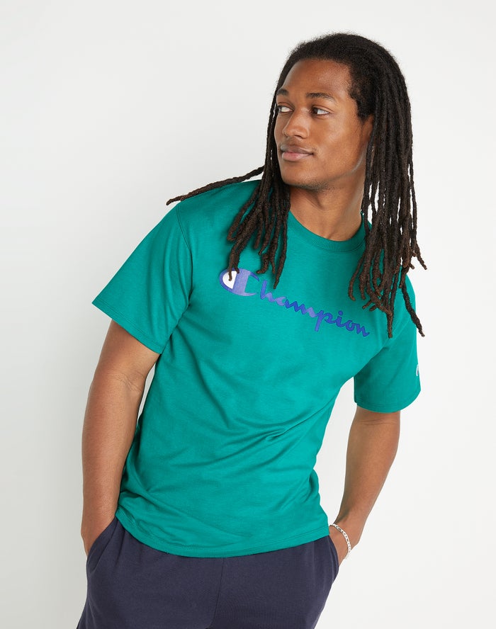 Champion Mens T-Shirt NZ - Classic Jersey Script Logo Turquoise ( 5382-JZGTB )